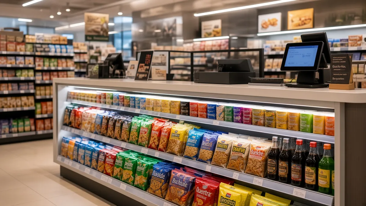 Convenience store checkout counter with tiered impulse-snack shelving and point-of-sale terminals