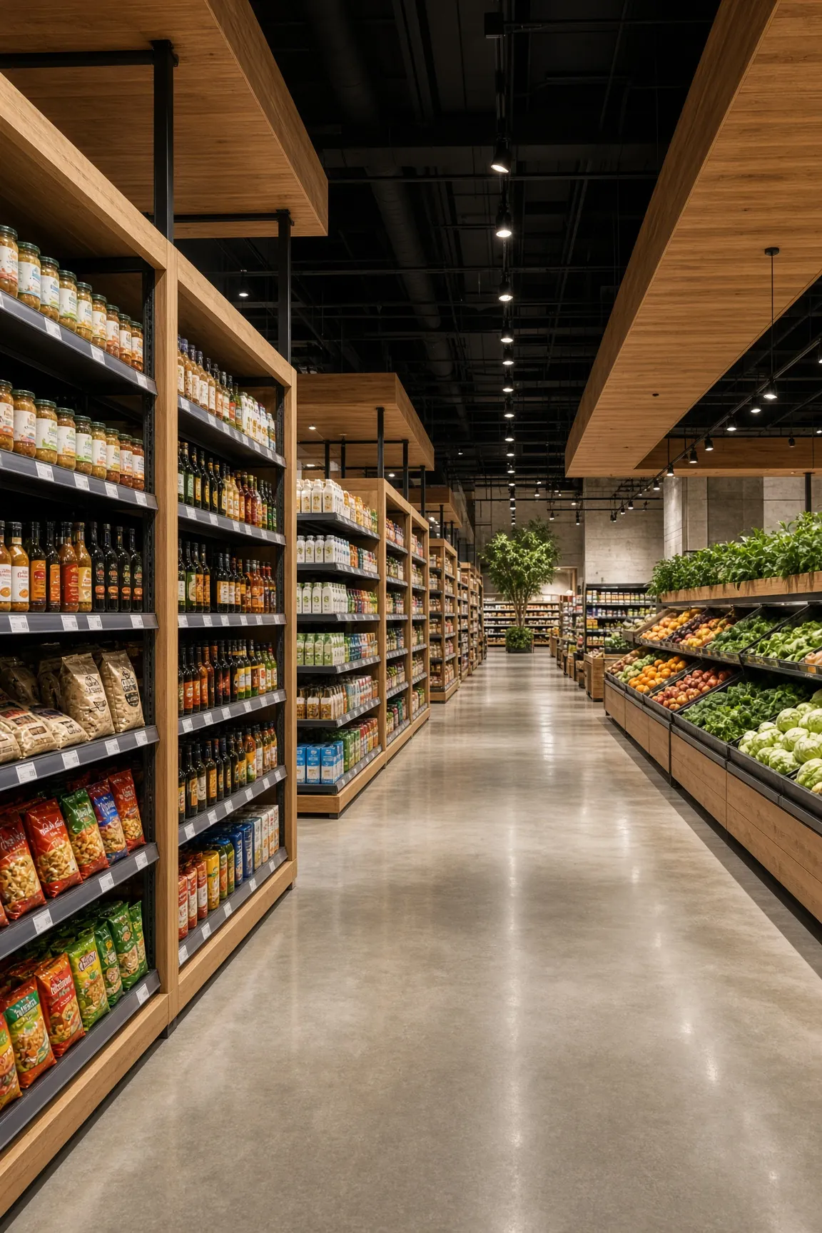Grocery store aisle with wood-toned shelving of packaged goods leading toward an open produce section