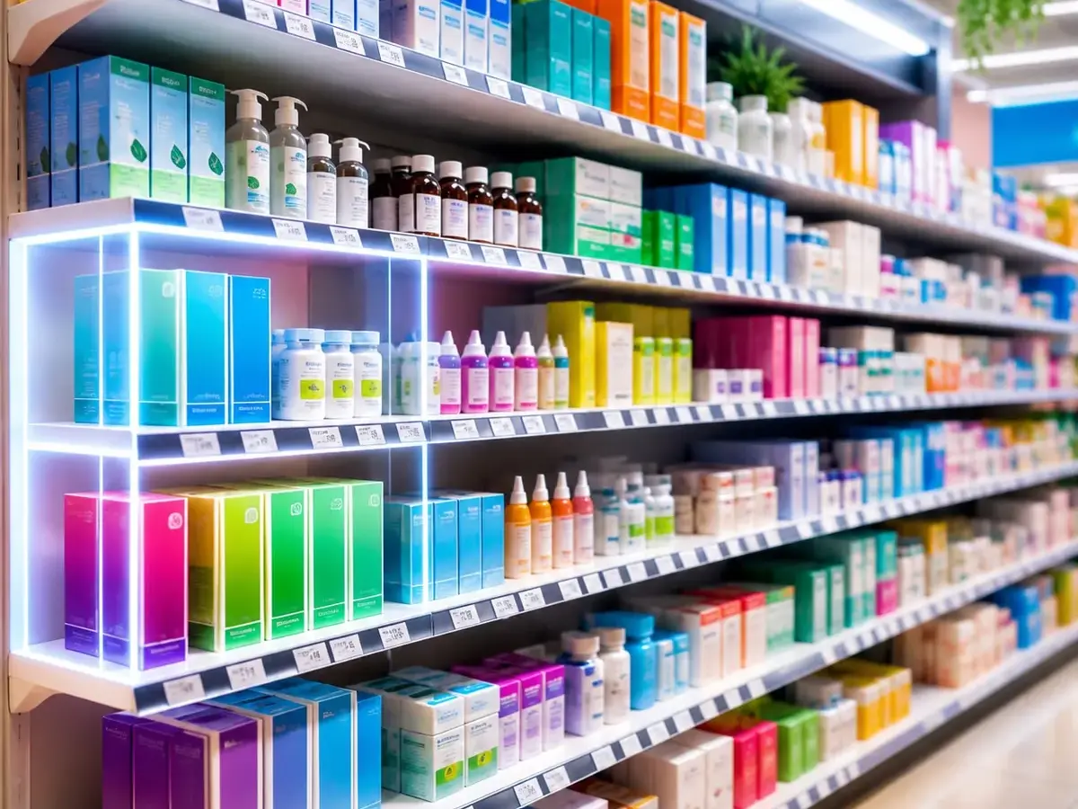 Brightly lit mass retail aisle with fully stocked shelves of colorful health and beauty product boxes