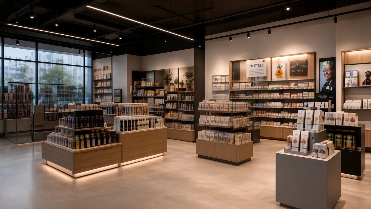 Boutique specialty retail interior with wood-toned floor fixtures, product display islands, and branded shelving under track lighting