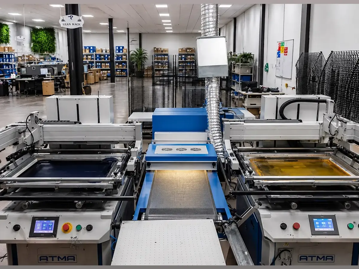 Twin screen-printing presses running retail display graphics on a conveyor dryer at the Surtas-USA factory