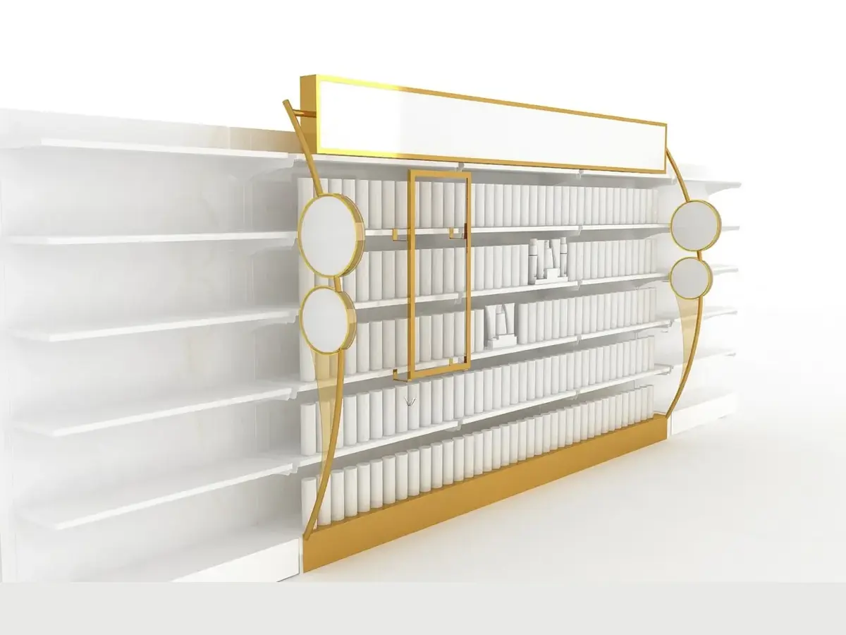 3D render of a gold and white gondola aisle header sign with illuminated header panel and curved end-cap branding over shelf-edge product rows