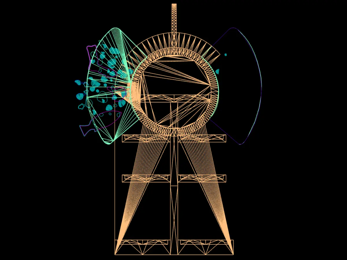 Colorful 3D wireframe CAD render of a custom tiered display structure with radial geometric detailing, representing bespoke display engineering